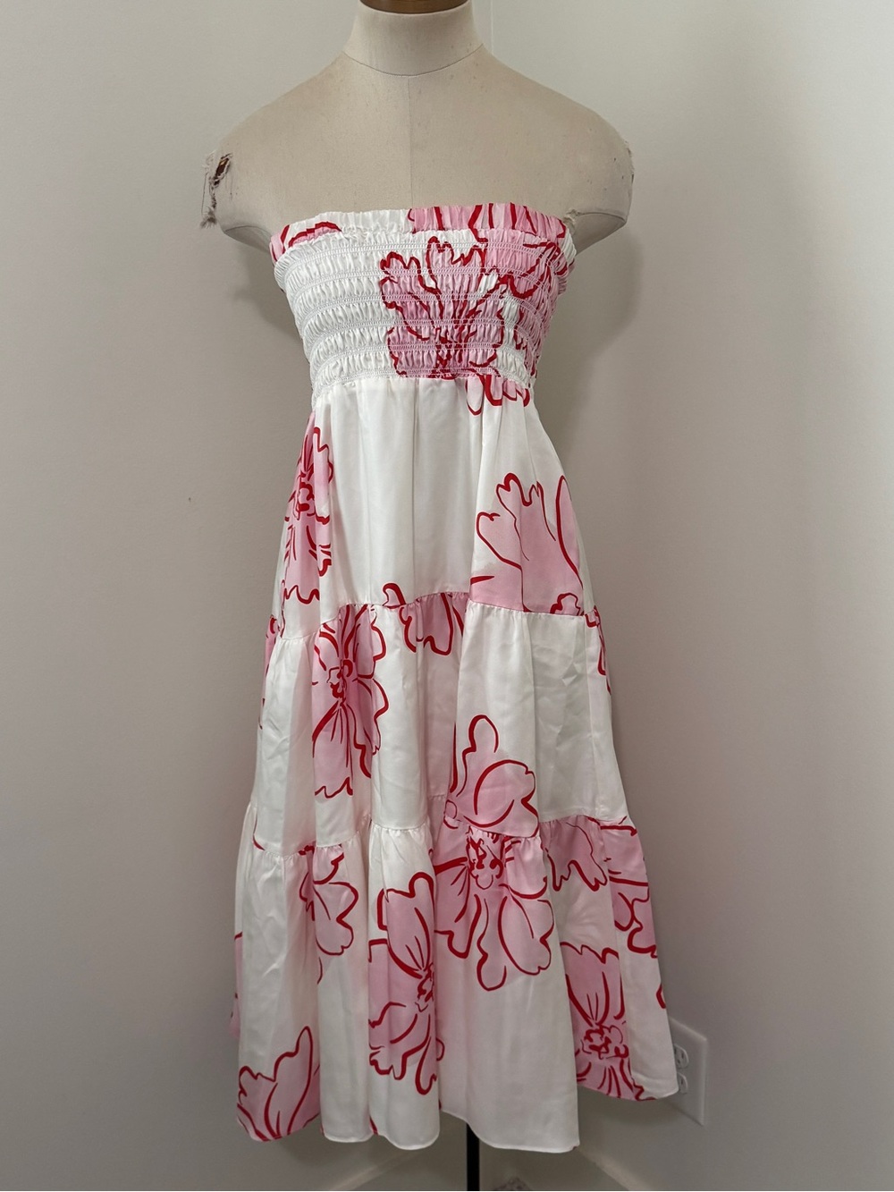 Cartolina Nantucket XXS Silk Strapless Pink & White Floral Midi Dress